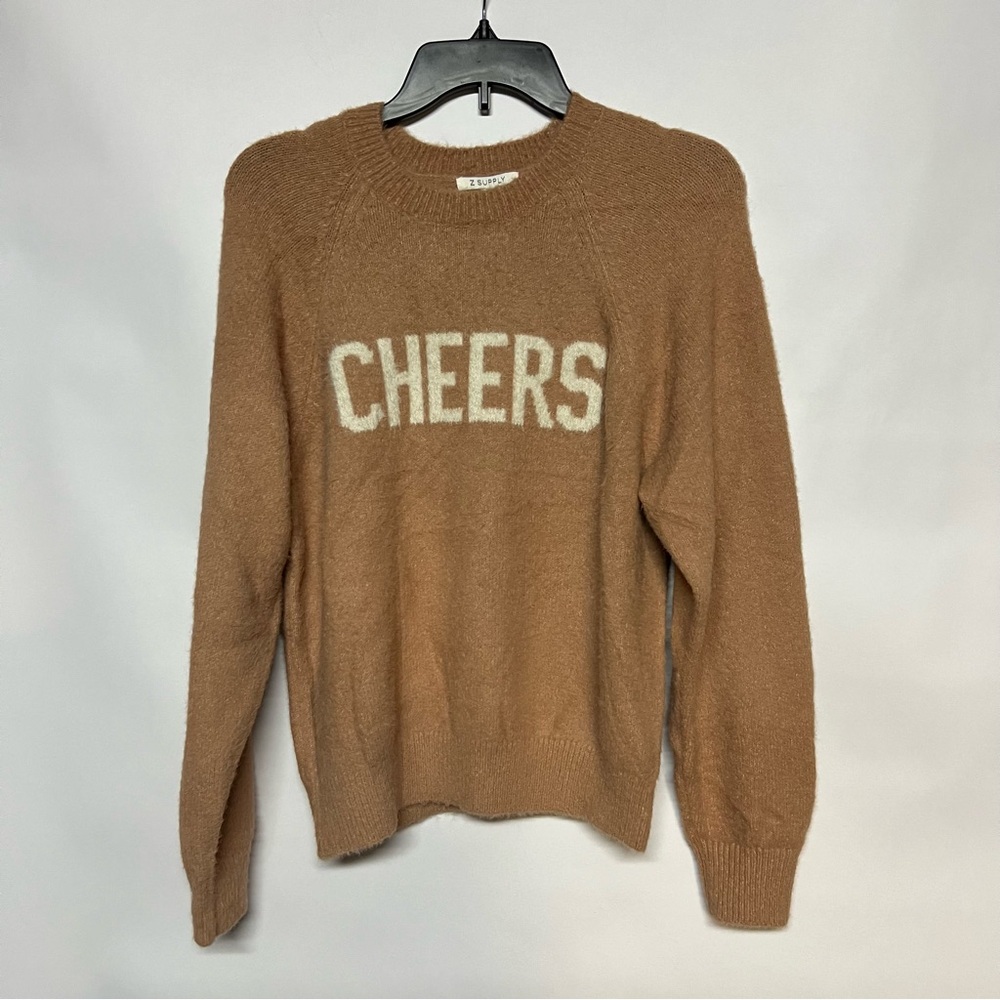 Z Supply Tan Sweater with White 'Cheers' Text